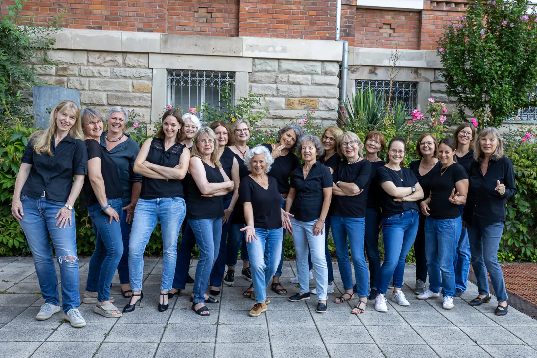 Gruppenbild des Frauenchors PopUp vor einer Backsteinwand.